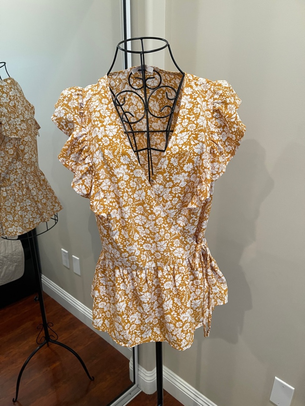 Skies Are Blue Yellow Floral Wrap Peplum Blouse
